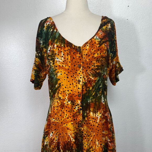 Vintage Womans Midi Dress Medium  Rayon Orange Tie-Dye Boho Peasant Y2K Festival - Picture 2 of 10